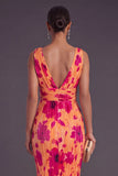 Sheath Orange V Neck Pleated Long Wedding Guest Dress
