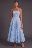 A Line Blue Appliqued Long Strapless Wedding Guest Dress