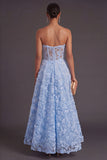A Line Blue Appliqued Long Strapless Wedding Guest Dress