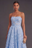 A Line Blue Appliqued Long Strapless Wedding Guest Dress