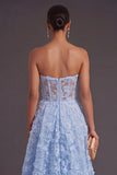 A Line Blue Appliqued Long Strapless Wedding Guest Dress