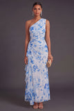 Mermaid Blue Floral Ruched Long Wedding Guest Dress with Drape