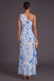 Mermaid Blue Floral Ruched Long Wedding Guest Dress with Drape