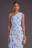 Mermaid Blue Floral Ruched Long Wedding Guest Dress with Drape