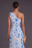 Mermaid Blue Floral Ruched Long Wedding Guest Dress with Drape