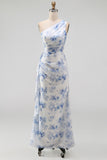 Mermaid Blue Floral Ruched Long Wedding Guest Dress with Drape