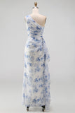 Mermaid Blue Floral Ruched Long Wedding Guest Dress with Drape