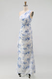 Mermaid Blue Floral Ruched Long Wedding Guest Dress with Drape