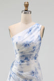 Mermaid Blue Floral Ruched Long Wedding Guest Dress with Drape