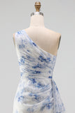 Mermaid Blue Floral Ruched Long Wedding Guest Dress with Drape