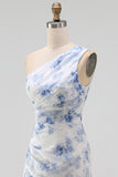 Mermaid Blue Floral Ruched Long Wedding Guest Dress with Drape