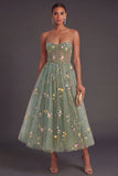 Dusty Sage Floral A Line Corset Sweetheart Long Wedding Guest Dress
