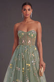 Dusty Sage Floral A Line Corset Sweetheart Long Wedding Guest Dress