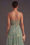 Dusty Sage Floral A Line Corset Sweetheart Long Wedding Guest Dress