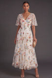 A Line Ivory Floral Embroidered Long Wedding Guest Dress