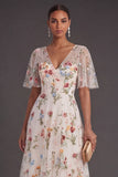 A Line Ivory Floral Embroidered Long Wedding Guest Dress