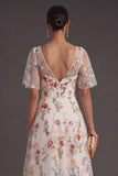 A Line Ivory Floral Embroidered Long Wedding Guest Dress