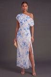 Ruched Blue Floral Mermaid Long Wedding Guest Dress with Slit