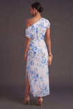 Ruched Blue Floral Mermaid Long Wedding Guest Dress with Slit