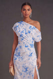 Ruched Blue Floral Mermaid Long Wedding Guest Dress with Slit