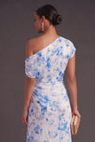 Ruched Blue Floral Mermaid Long Wedding Guest Dress with Slit