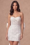 Corset Bodycon Sparkly Sequin Little White Dress with Bow