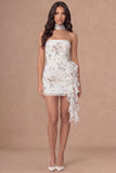 Strapless Bodycon Floral Ruffled Little White Dress with Drape