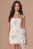 Strapless Bodycon Floral Ruffled Little White Dress with Drape
