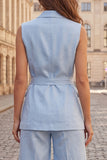 Light Blue Single Breasted Sleeveless Summer Work Suits with Belt