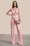 Pink Satin V Neck 2 Piece Work Suits