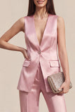 Pink Satin V Neck 2 Piece Work Suits