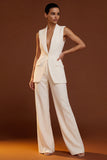 Ivory Shawl Lapel Sleeveless Work Suits with Pockets