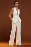 Ivory Shawl Lapel Sleeveless Work Suits with Pockets
