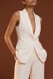Ivory Shawl Lapel Sleeveless Work Suits with Pockets