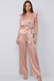 Ruched Dusty Rose 2 Piece V-Neck Wide Leg Business Suits