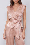 Ruched Dusty Rose 2 Piece V-Neck Wide Leg Business Suits