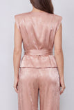Ruched Dusty Rose 2 Piece V-Neck Wide Leg Business Suits