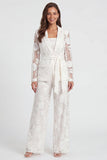 Floral Ivory Notched Lapel Long Sleeves Lace 2 Piece Business Suits
