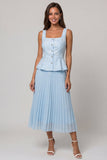 Sky Blue 2 Piece Pleated Floral Long Work Dress with Buttons