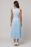 Sky Blue 2 Piece Pleated Floral Long Work Dress with Buttons
