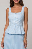 Sky Blue 2 Piece Pleated Floral Long Work Dress with Buttons