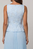 Sky Blue 2 Piece Pleated Floral Long Work Dress with Buttons