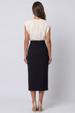 Ivory and Black Block Pencil Patchwork Color Midi Work Dress with Slit