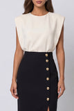 Ivory and Black Block Pencil Patchwork Color Midi Work Dress with Slit