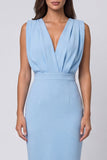 Sky Blue V-Neck Ruched Sheath Short Work Dress