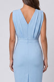 Sky Blue V-Neck Ruched Sheath Short Work Dress