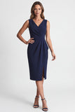 V-Neck Navy Ruched Pencil Midi Work Dress with Slit
