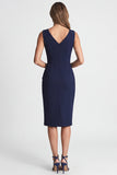V-Neck Navy Ruched Pencil Midi Work Dress with Slit