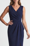 V-Neck Navy Ruched Pencil Midi Work Dress with Slit