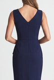 V-Neck Navy Ruched Pencil Midi Work Dress with Slit